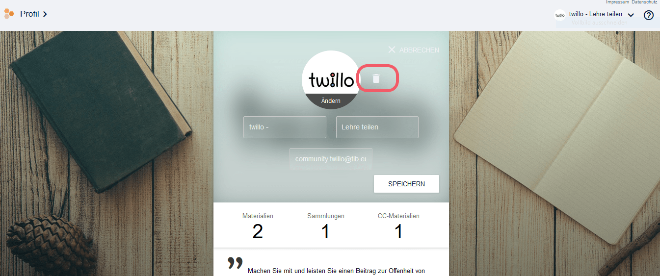 FAQ Anmeldung auf twillo - Button, um das Profilbild zu ändern oder löschen ist rot hervorgehoben.