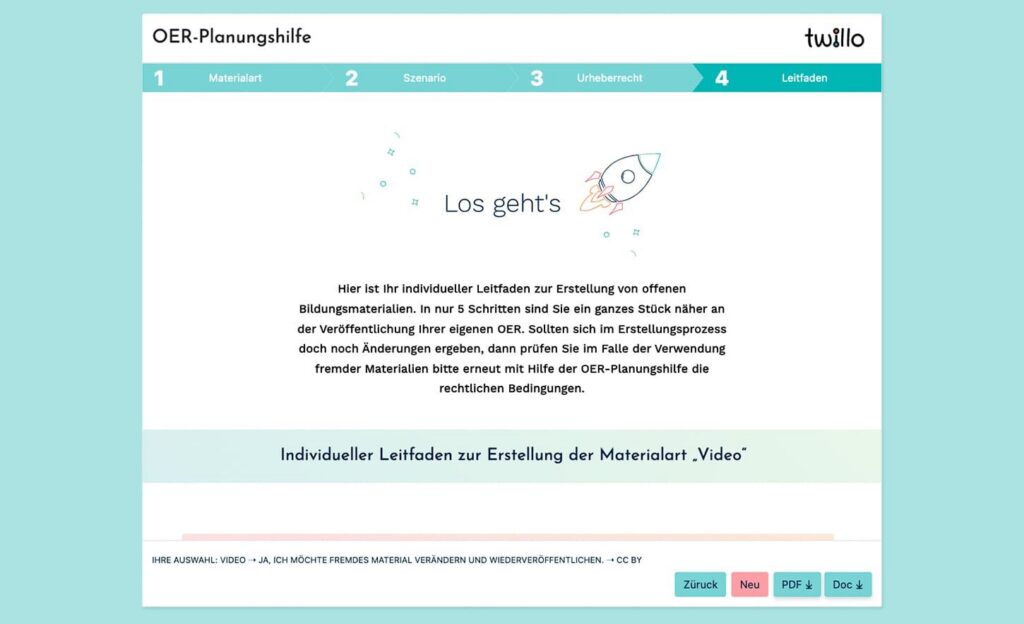 Startseite einer interaktiven OER-Planungshilfe mit Schritt-für-Schritt-Leitfaden zur Erstellung offener Bildungsmaterialien. Markiert ist Schritt 4 von 5: Leitfaden.