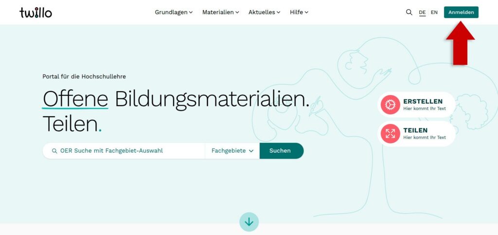Home page of twillo.de with navigation and highlighted login link.