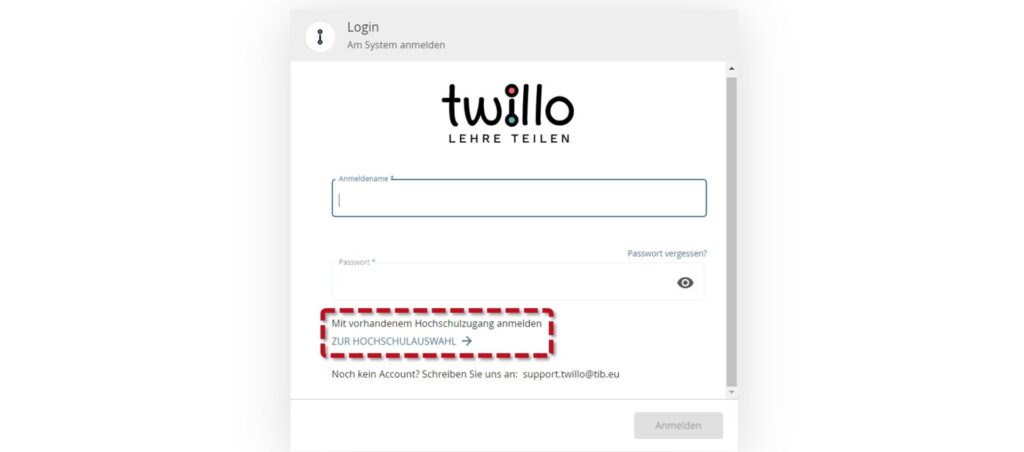 Application form on twillo.de, link to university selection for existing university admissions highlighted with a red frame