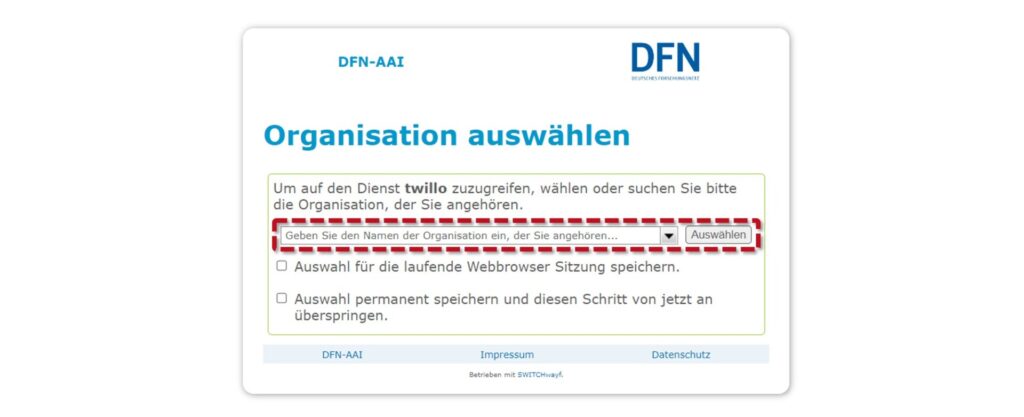 Page for organization selection at DFN-AAI, with red marked input field for the organization and select button