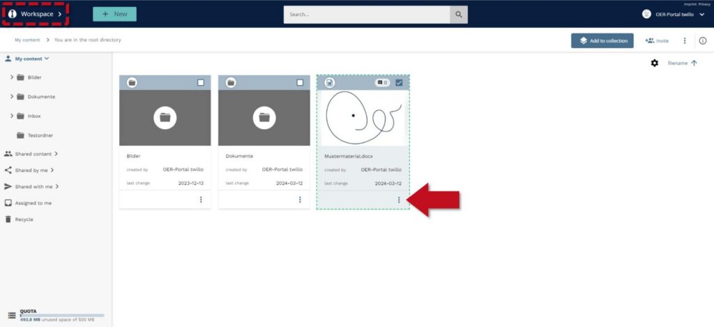 Overview in the workspace of the OER portal twillo with highlighted workspace navigation and red arrow pointing to the menu of a document