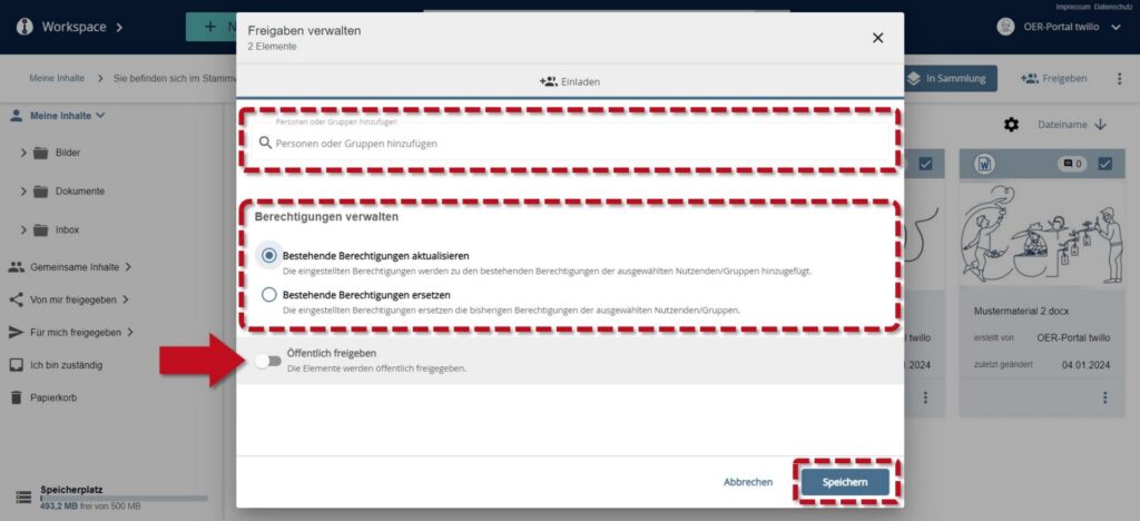 Release management for materials with selection options for authorizations and the option to release the elements publicly, marked by a red arrow.