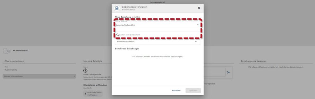 Dialogfenster 'Beziehungen verwalten' geöffnet. Der rote Pfeilrahmen markiert das Suchfeld für die Beziehungsauswahl und den Eingabebereich für die Suche nach Ziel-Elementen.
