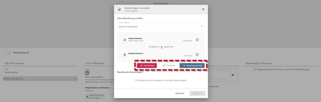 Dialogfenster 'Beziehungen verwalten' geöffnet. Zwei Materialien wurden ausgewählt. Roter Rahmen markiert die Schaltflächen 'Zurücksetzen', 'Umkehren' und 'Beziehung erstellen'.