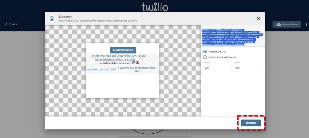 Embedding window opened: The 'Copy' button at the bottom right is highlighted.