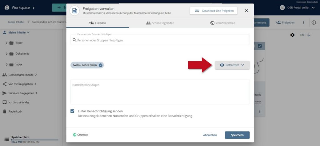 Freigabedialog mit der Auswahl 'Betrachter' und dem roten Pfeil, der auf diese Option zeigt.