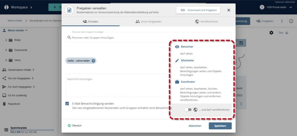 Freigabedialog mit den Optionen für 'Betrachter', 'Mitarbeiter' und 'Koordinator' zur Auswahl der Berechtigungen.