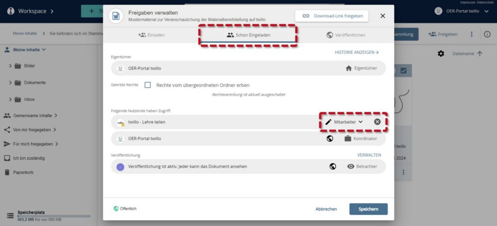 Freigabedialog, in dem bereits eingeladene Nutzer angezeigt werden und der Benutzerrechte für die Freigabe des Materials verwaltet wird.