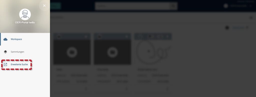 Seitenmenü im OER-Portal twillo geöffnet, mit rot markierter Option 'Erweiterte Suche
