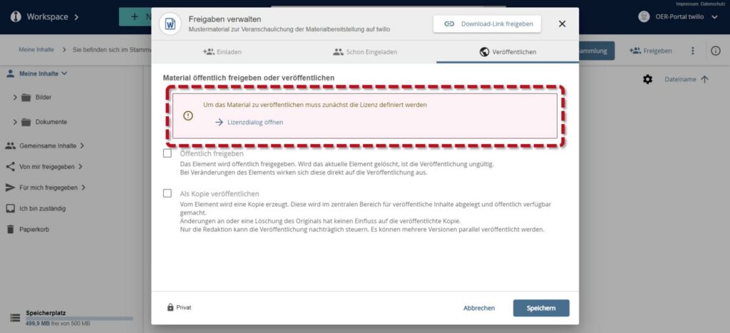 'Manage approvals' dialog box in the OER portal twillo with a red highlighted note that a license must first be defined for publication
