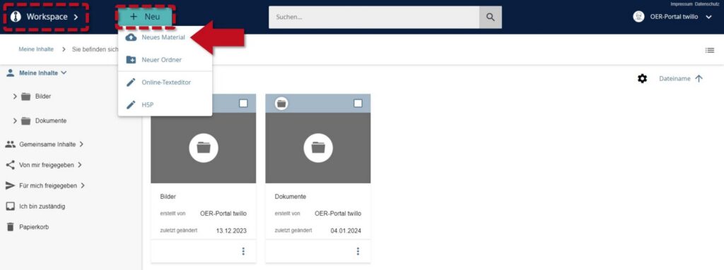 Menu 'New' opened - red arrow points to the entry 'New material' to create new content in the workspace.