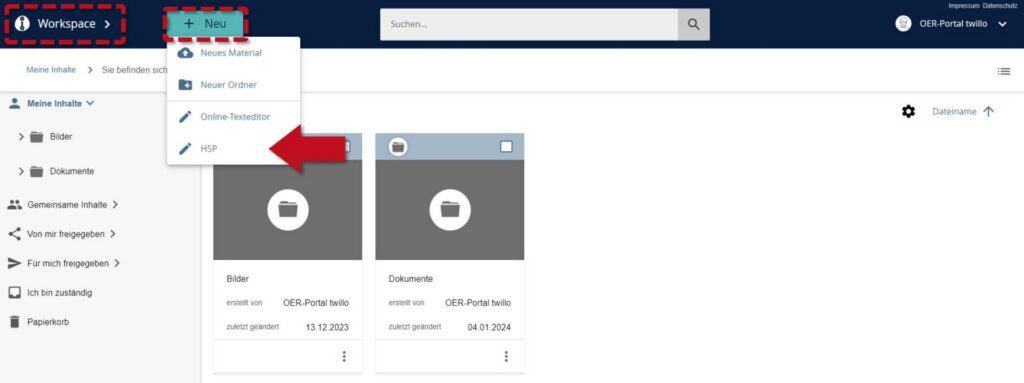 Menu item 'New' opened - red arrow points to selection option 'H5P' for creating interactive content.