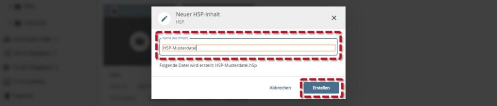 Input field for the name of the H5P content filled in with 'H5P sample file'; red frame marks input and 'Create' button.