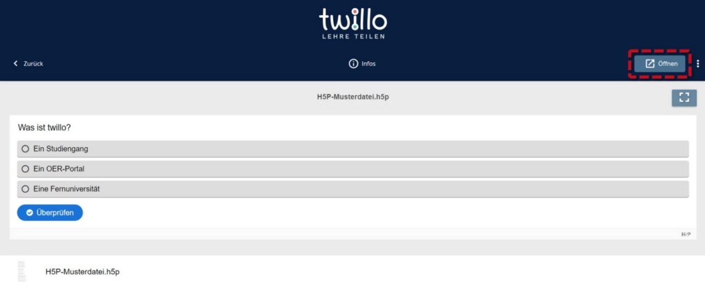 View of an open H5P file with the question 'What is twillo?'; three selection options are displayed; red frame marks the 'Open' button at the top right.