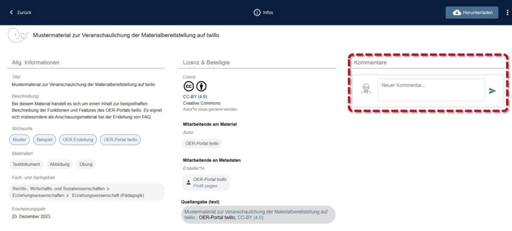 The comment field on the right-hand side is highlighted; a new comment can be entered and sent here.