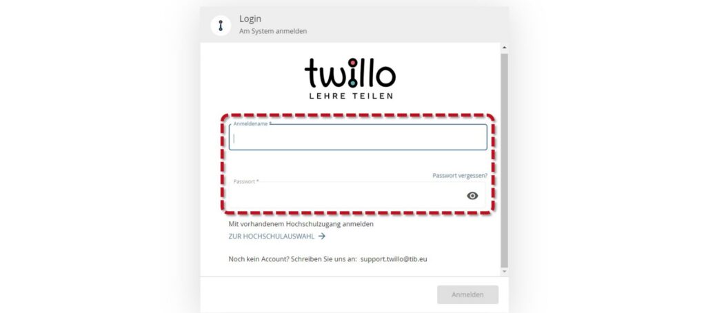 Login page of twillo.de with red marked input area for login name and password