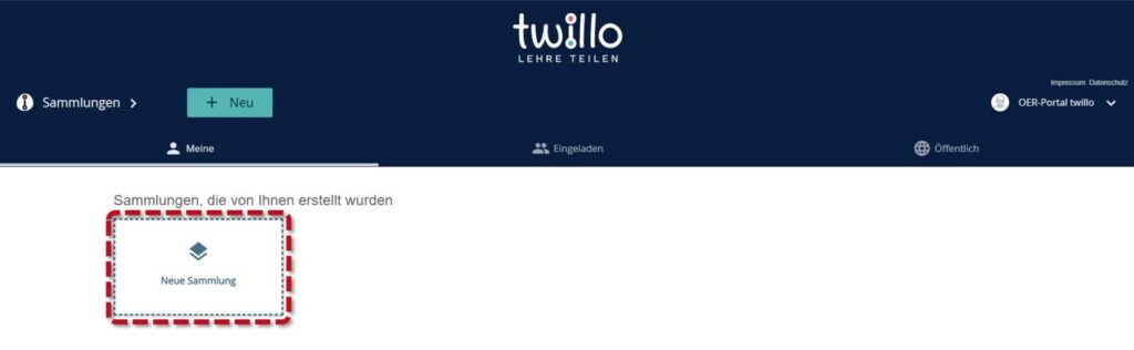 Der Bereich zum Erstellen einer neuen Sammlung wird hervorgehoben.