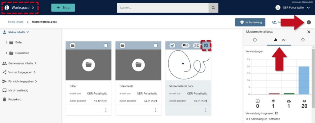 Statistics view opened - red arrow points to bar chart with the number of uses on the right-hand side of the page.