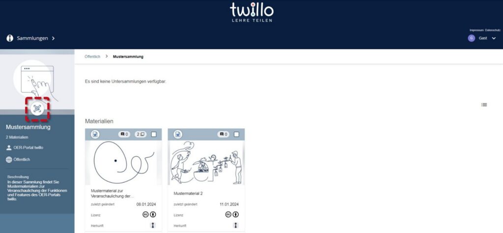 View of a collection without subcategories, with a material list and a highlighted button for adding subcategories.