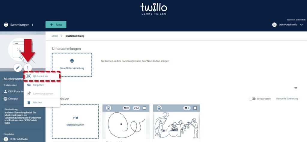 Menu in a collection in which the option to create a QR code link is selected.