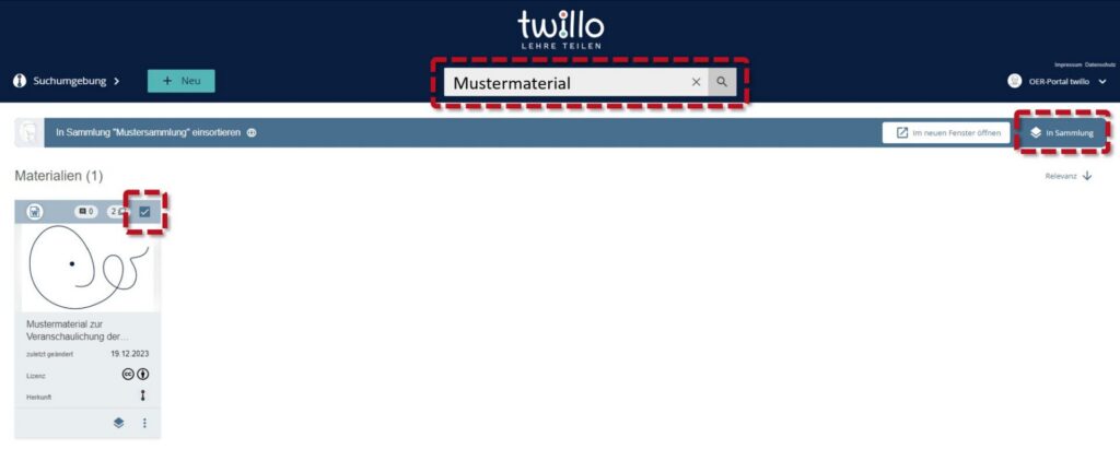 Die Materialansicht zeigt das Mustermaterial, das in eine Sammlung hinzugefügt wurde. Über die Schaltfläche 'In Sammlung' wird das Material der ausgewählten Sammlung zugeordnet.