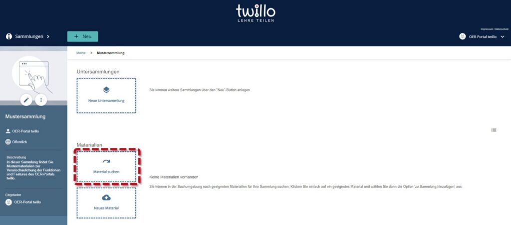Sie können weitere Sammlungen über das „Neu“-Button anlegen.