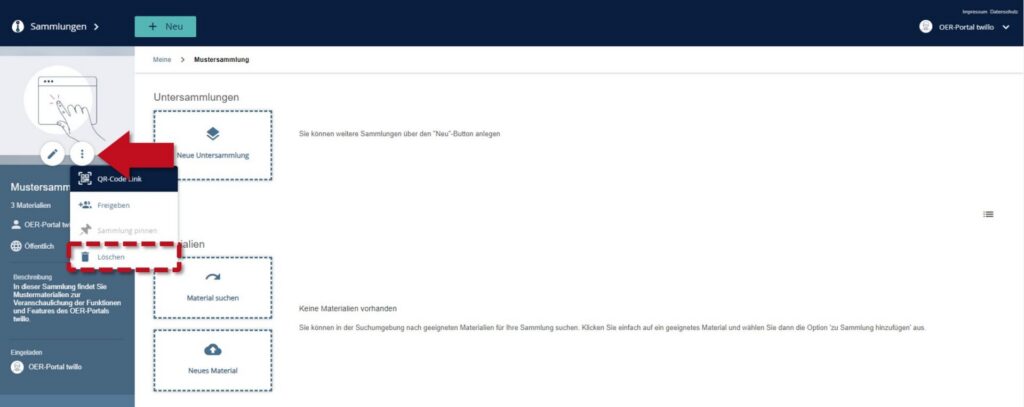 Ansicht der Sammeloptionen mit der Möglichkeit, eine Sammlung zu löschen. Der rote Pfeil zeigt auf die 'Löschen'-Option im Dropdown-Menü.