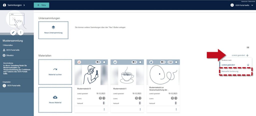 Ansicht der 'Mustersammlung' mit der Möglichkeit, die Materialien manuell zu sortieren. Der rote Pfeil zeigt auf die Dropdown-Option 'Manuelle Sortierung' auf der rechten Seite.