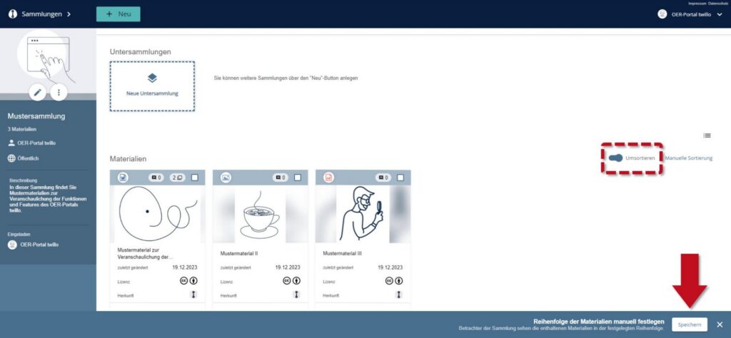 Ansicht der 'Mustersammlung' mit der Option zum manuellen Sortieren der Materialien. Der rote Pfeil zeigt auf die Schaltfläche 'Speichern' unten und das Dropdown-Menü 'Umsortieren' auf der rechten Seite.