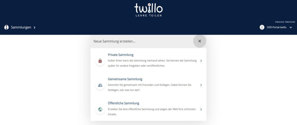 Dieser Bereich zeigt die Optionen für das Erstellen einer neuen Sammlung: privat, gemeinsam oder öffentlich.