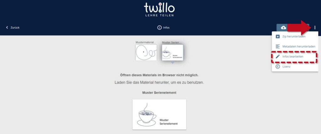 twillo material page with open three-dot menu, red arrow and highlighted option 'Edit info'