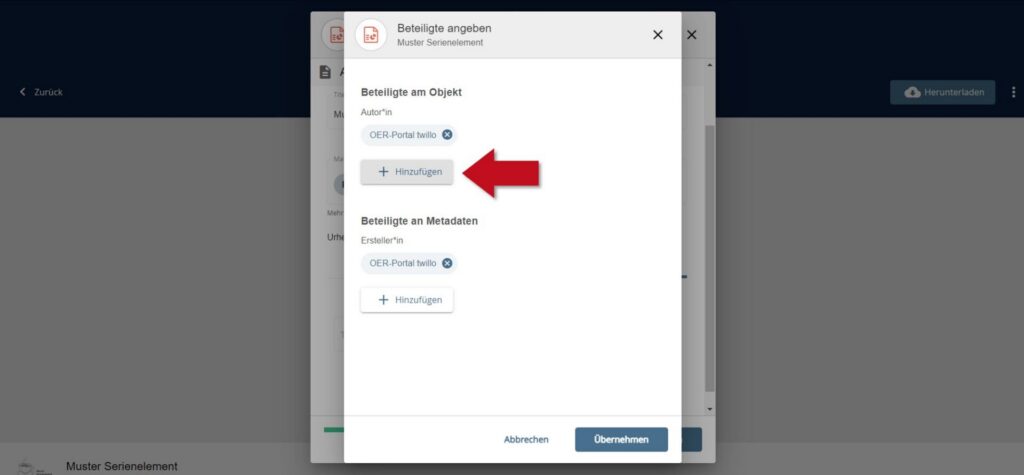 twillo dialog window 'Specify participants' with highlighted button 'Add' in the area 'Participants in the object'