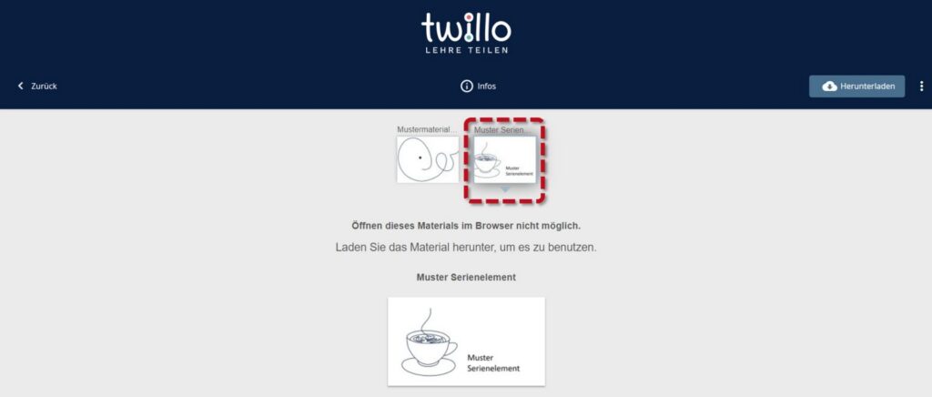 twillo material page with highlighted preview of the sample serial element and note that the material must be downloaded for viewing