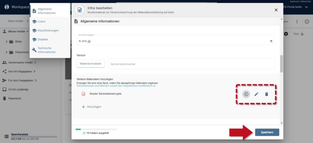 'Edit info' dialog box in the OER portal twillo with added presentation, highlighted icons for edit, remove and preview as well as highlighted save button
