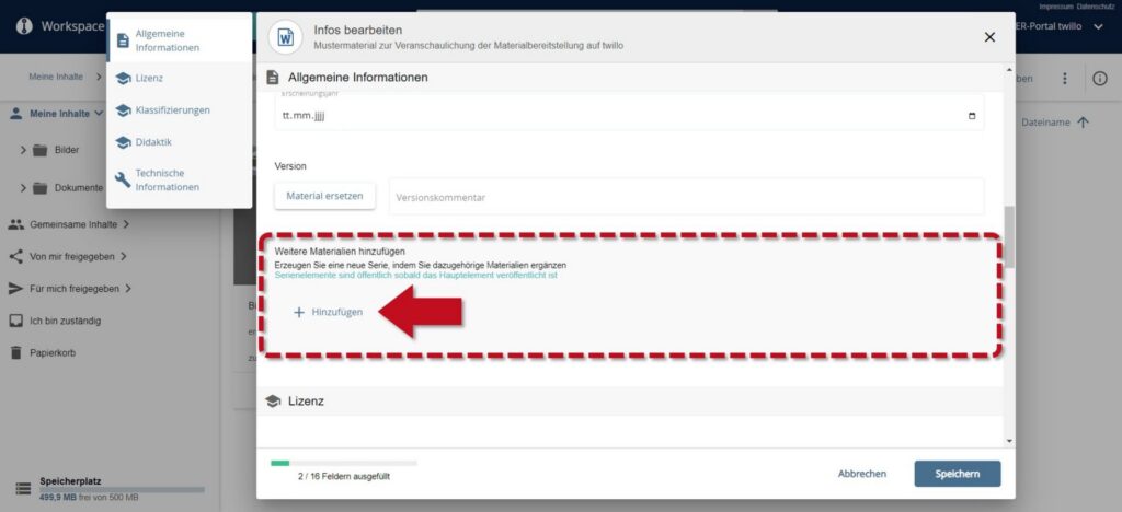 Dialog window 'Edit info' in the OER portal twillo with red marked area for adding further materials