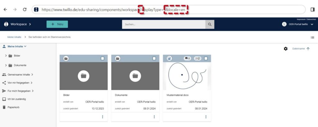 Browserfenster mit URL-Leiste; ein roter Rahmen hebt in der URL den Parameter 'locale=en' hervor, der auf die englische Spracheinstellung hinweist.
