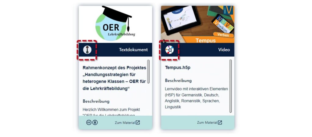 Zwei Materialkarten im OER-Portal twillo, mit rot markierten Symbolen für Textdokument und Video