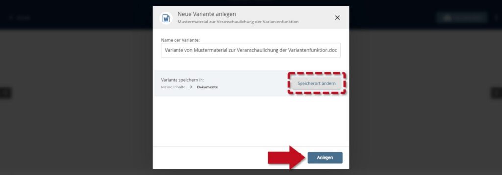 The 'Create new variant' dialog box opens: The red arrow points to the 'Create' button. 'Change storage location' is highlighted
