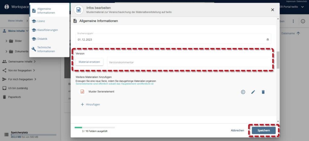 Formular zur Bearbeitung von Materialinformationen mit hervorgehobenen Feldern für Version und die Möglichkeit, Materialien zu ersetzen, sowie einem Speichern-Button am unteren Rand.