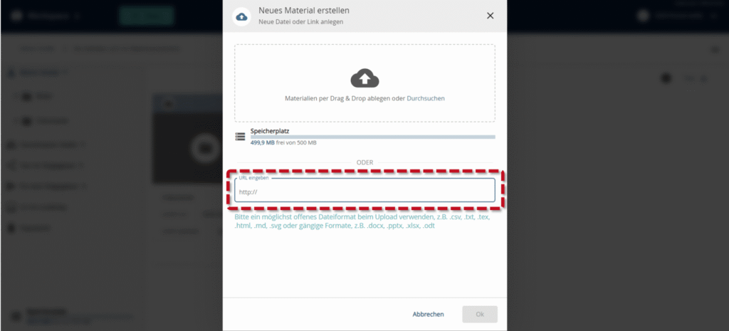 Dialogfenster 'Neues Material erstellen' im OER-Portal twillo mit rot markiertem Eingabefeld für eine URL