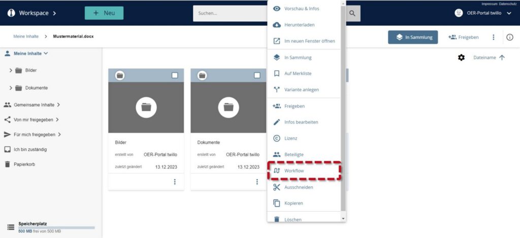 Menü geöffnet: Roter Rahmen markiert den Menüpunkt 'Workflow' in der rechten Seitenleiste.