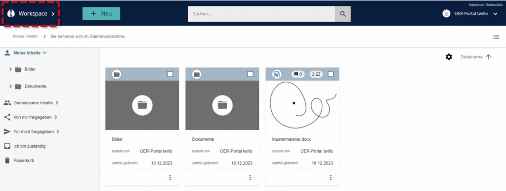 twillo-Startseite mit hervorgehobenem Menüpunkt 'Workspace' in der oberen linken Ecke.