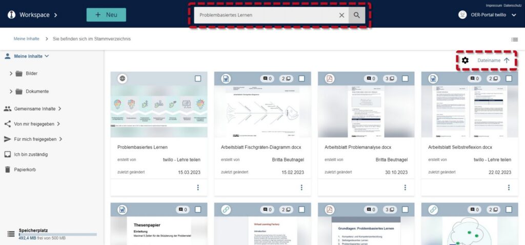 Ansicht des Workspaces im OER-Portal twillo mit markierter Suchleiste und markierter Sortieroption nach Dateiname