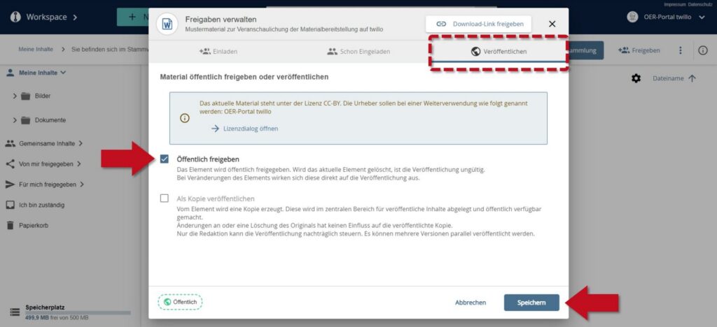 'Manage releases' dialog box in the OER portal twillo with the 'Publish' option selected, 'Release publicly' ticked and a red arrow pointing to the 'Save' button