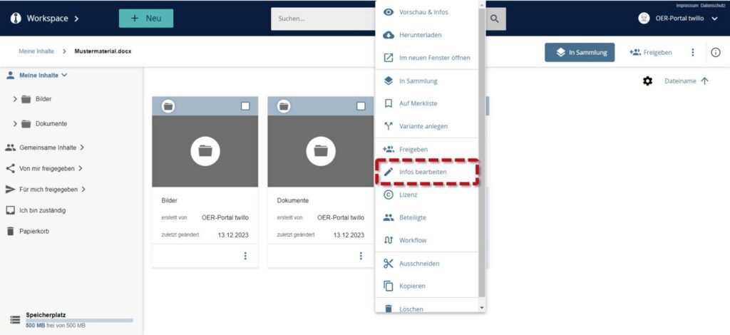 twillo workspace view with the three-dot menu of a document open and the 'Edit info' option highlighted in red