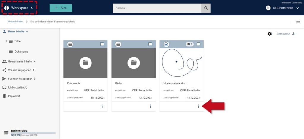 twillo Workspace view with marked area 'Workspace' in the navigation and red arrow pointing to the three-dot menu of a document