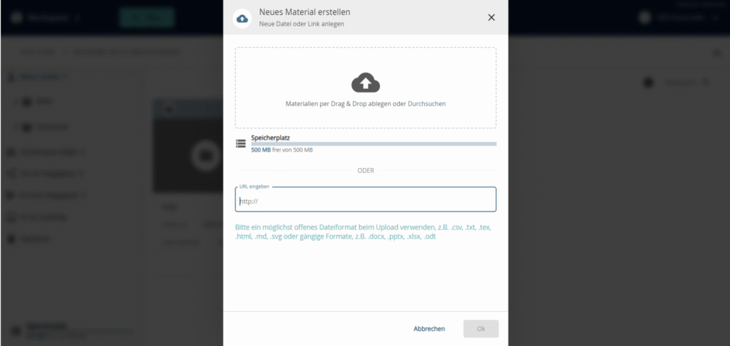 'Create new material' dialog box in the OER portal twillo with highlighted input field for the URL