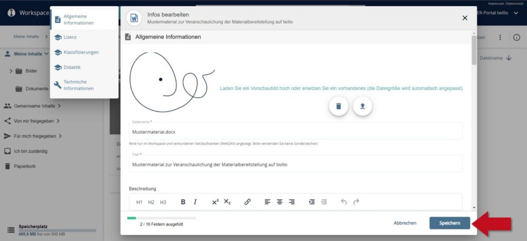 Dialog window in the OER portal twillo for editing material information with red arrow on the 'Save' button