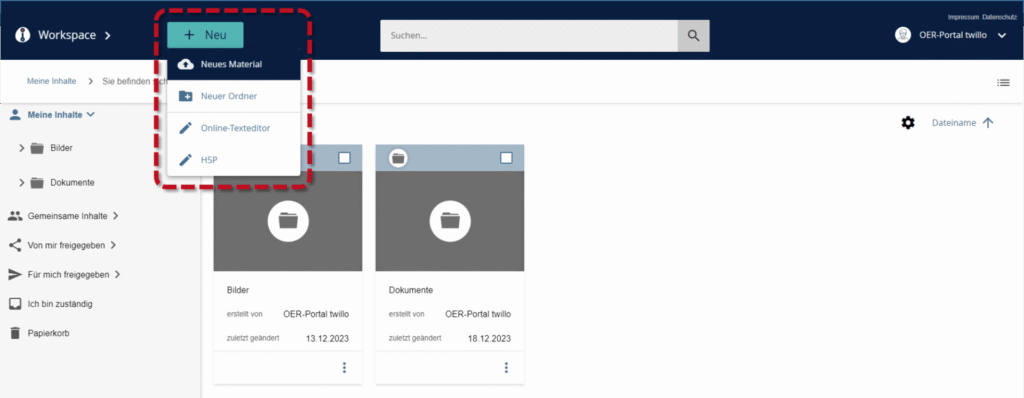 Ansicht des Workspaces im OER-Portal twillo mit geöffnetem 'Neu'-Dropdown-Menü für Material, Ordner, Online-Texteditor und H5P